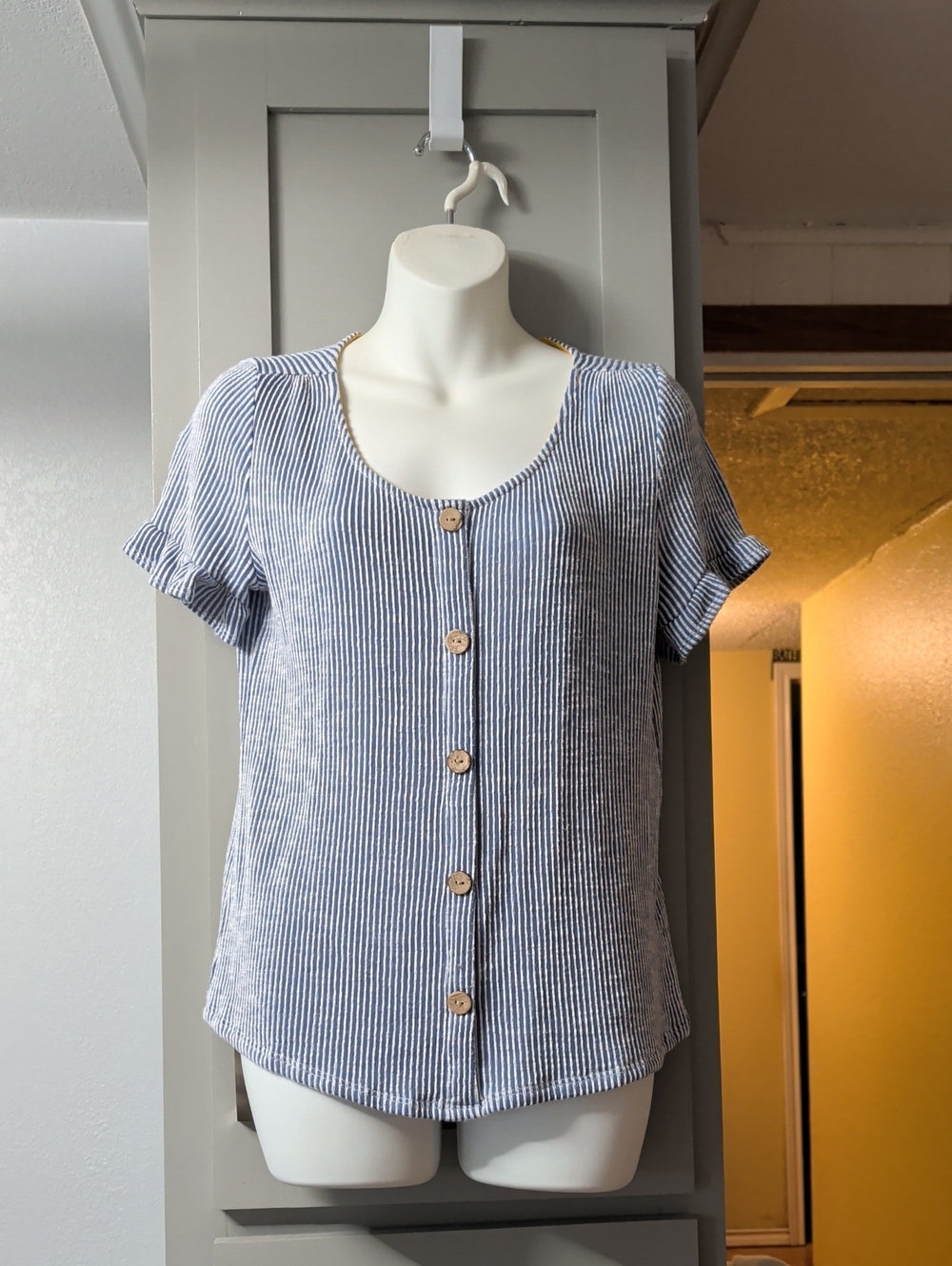 W5 Blue and White Striped Short Sleeve Button Front Top